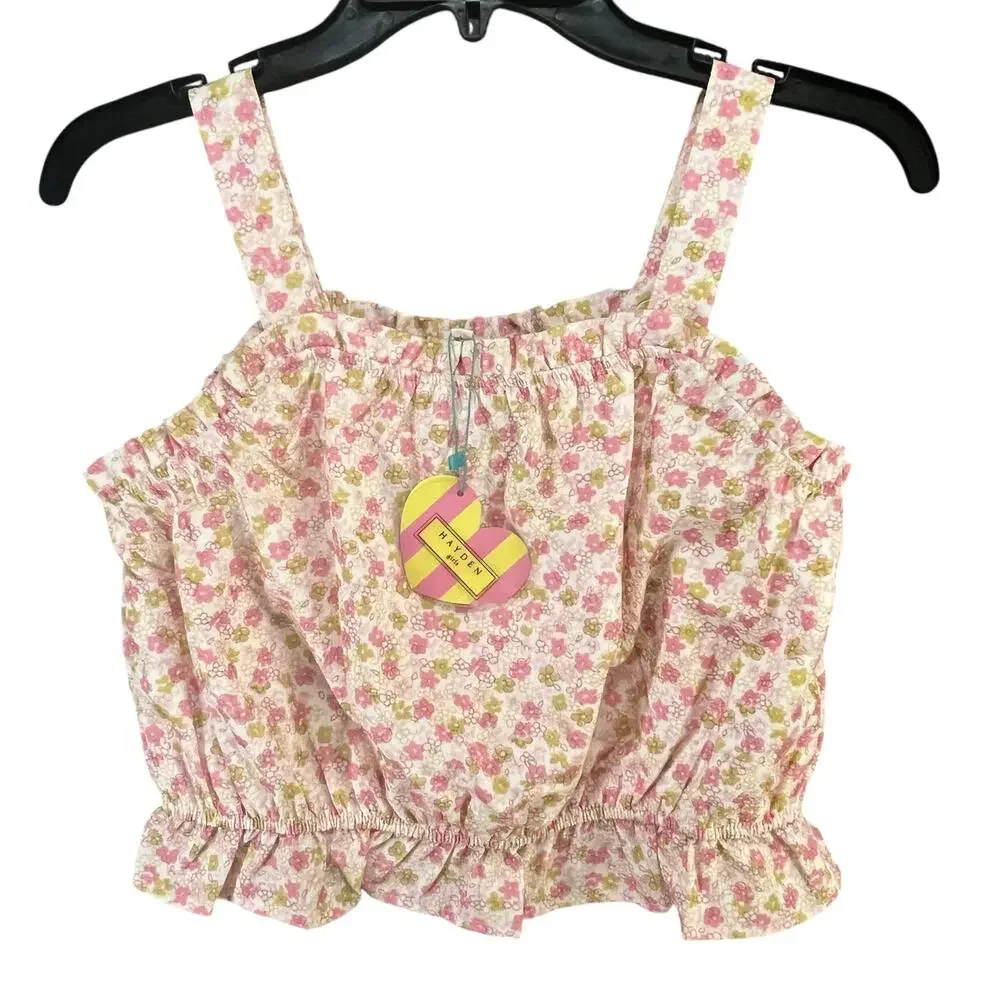 Hayden Crop Balloon Tank Top Girl L Pink Textured Ditsy Floral Cottage Tween NEW